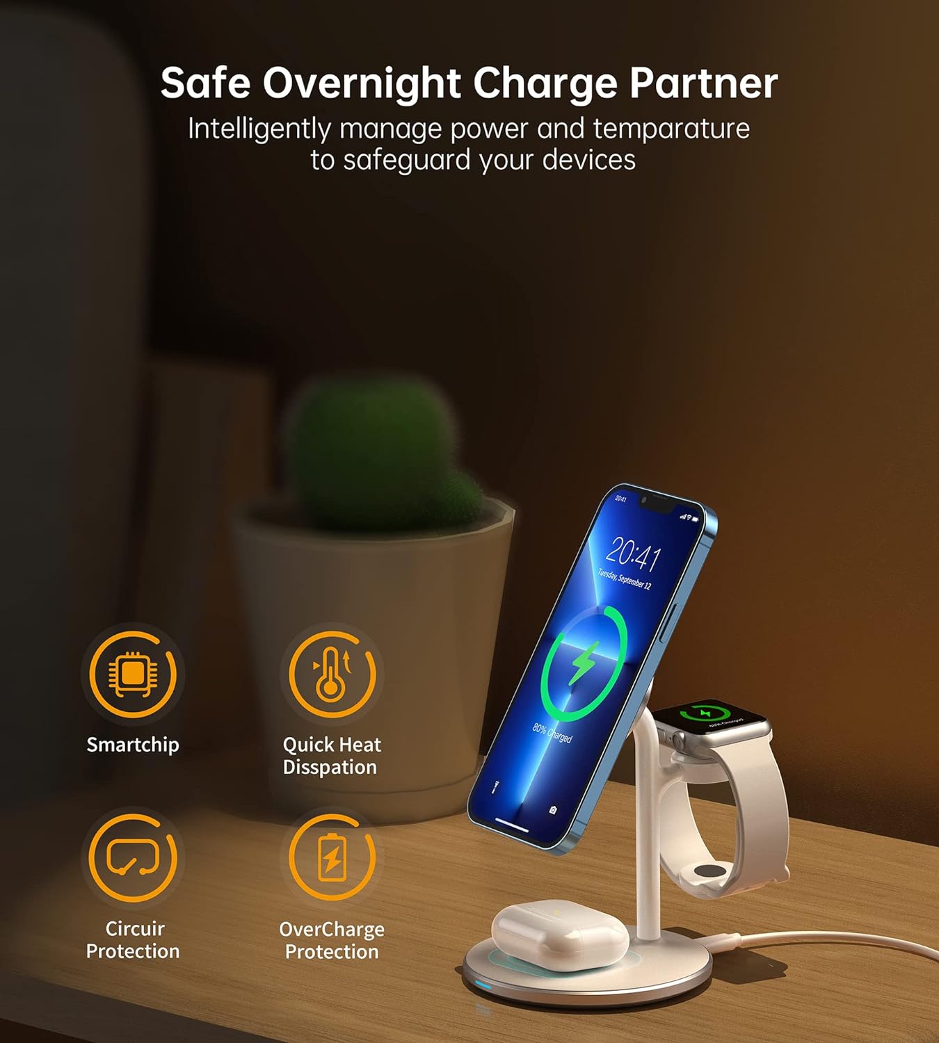 Choetech 3in1 Magnetic Wireless Charger Station for iPhone 12/13 Series,AirPods Pro with iWatch Holder
