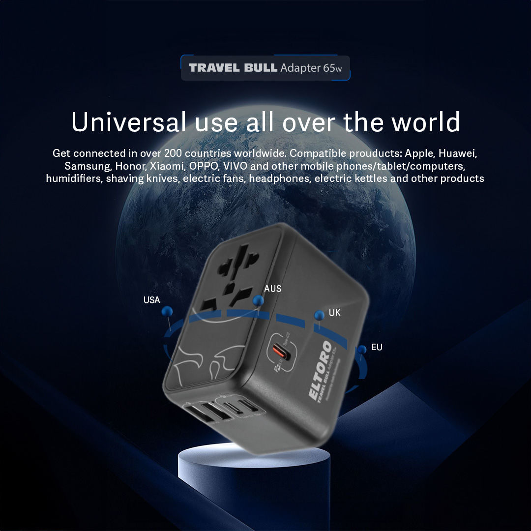 Eltoro 65W Travel Bull Adapter Pd Gan Tech Usb-A 2Ports & Usb-C 3Ports - Black