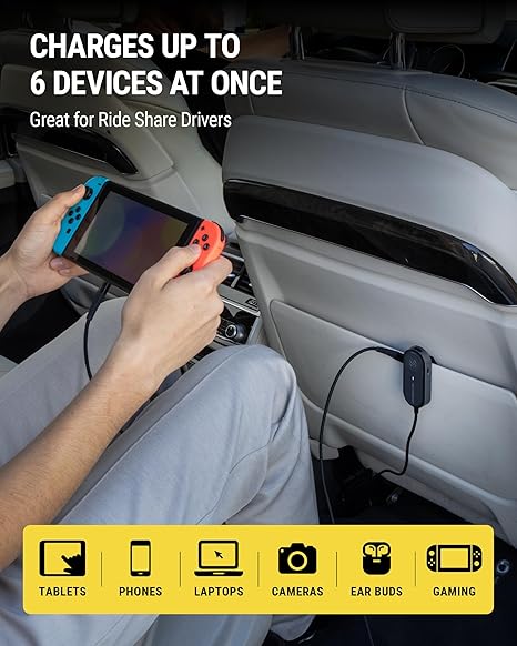 Scosche 100W Multi Port Travel Car Charging Hub 6 Port - Front & Back Seat USB-C & USB-A Charger