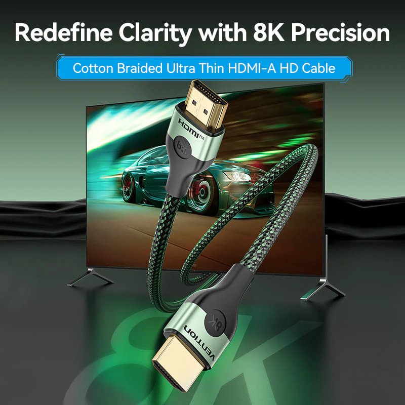 Vention Cotton Braided Ultra Thin HDMI-A Male to Male HD Cable 8K 2M Aluminum Alloy Type