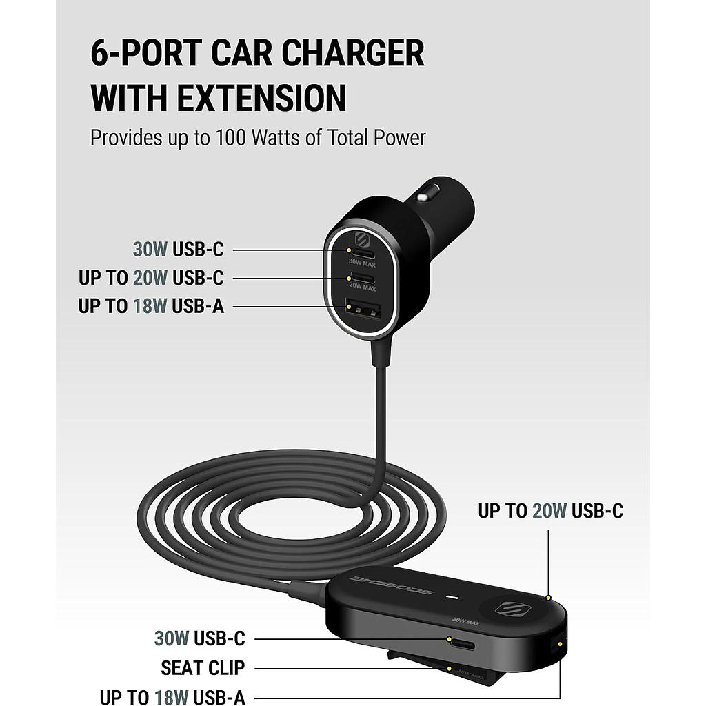 Scosche 100W Multi Port Travel Car Charging Hub 6 Port - Front & Back Seat USB-C & USB-A Charger