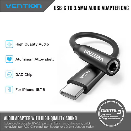 Vention USB-C Male to 3.5MM Earphone Jack with DAC Adapter 0.1M