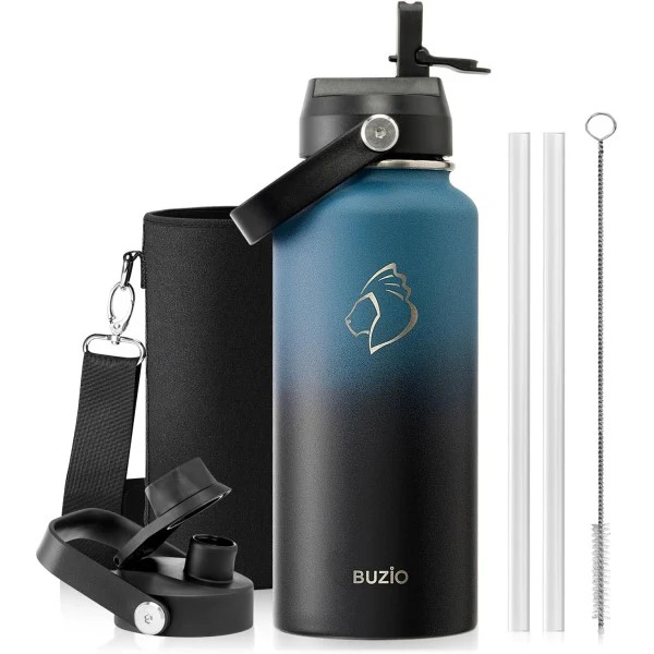 Buzio Duet Series Water Bottle with 2 Lids and Sleeve 1L