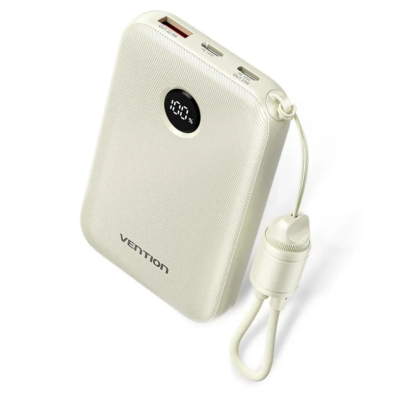 Vention Power Bank 10000mAh (USB-C + USB-C/USB-C/USB-A) with Built-in USB-C to USB-C Cable 22.5W