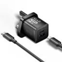Vention 2-Port USB (C + A) GaN Charger (30W/30W) with USB-C to USB-C Cable (1M) UK-Plug