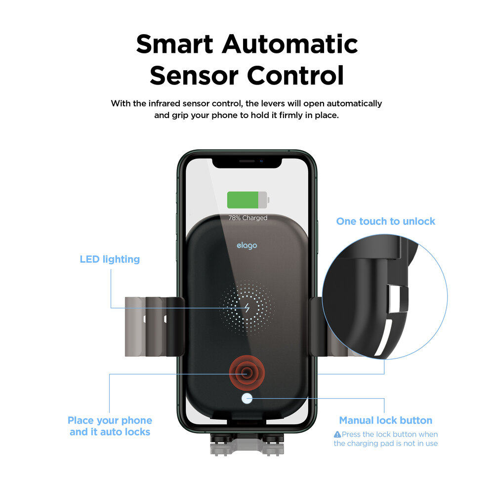 Elago Wireless Car Charger with Auto-Clamping Car Mount (Included: Car Automatic Charger, Dashboard Mount, Air Vent Clip, USB-C Charging Cable) - Black