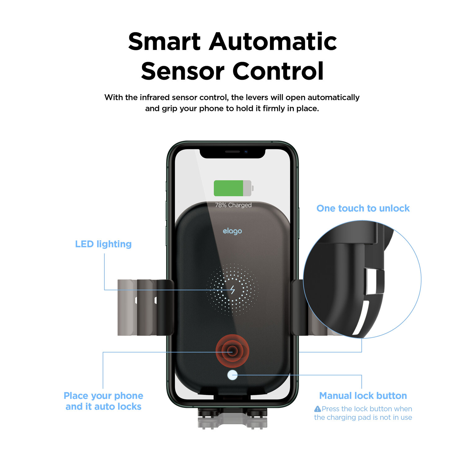 Elago Wireless Car Fast Charger with Auto-Clamping Car Mount (Included: Car Automatic Charger, Dashboard Mount, Air Vent Clip, USB-C Charging Cable)