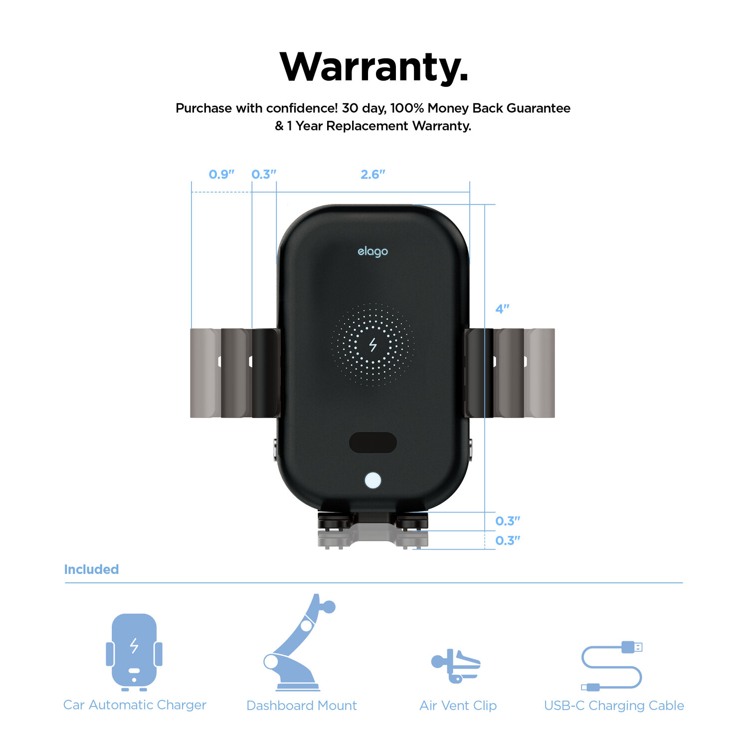 Elago Wireless Car Fast Charger with Auto-Clamping Car Mount (Included: Car Automatic Charger, Dashboard Mount, Air Vent Clip, USB-C Charging Cable)