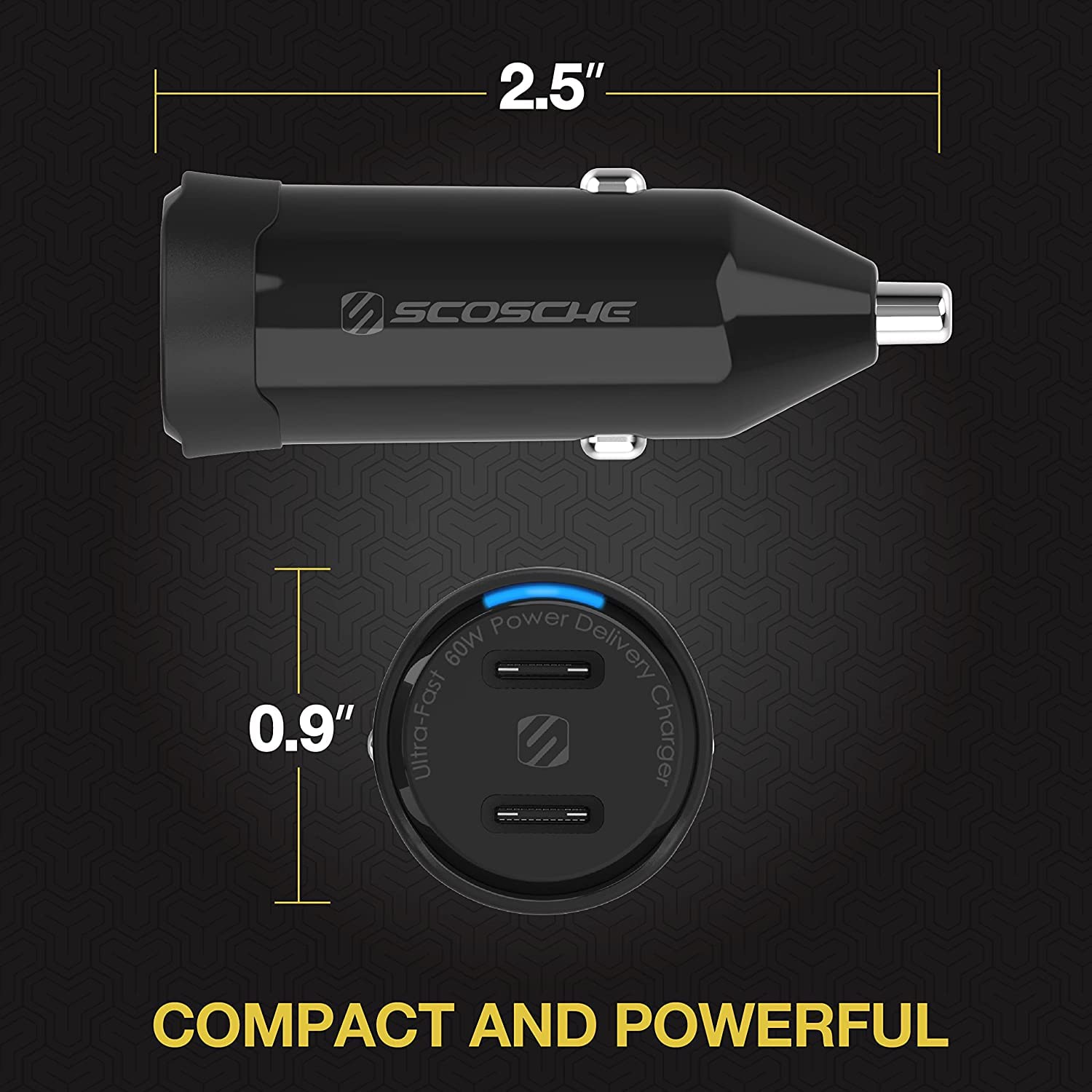 Scosche Powervolt 60W Certified Dual Usb Type-C + Type-C Fast Car Charger Power Delivery 3.0 With Pps For All Smartphones Usb-C Devices - Black