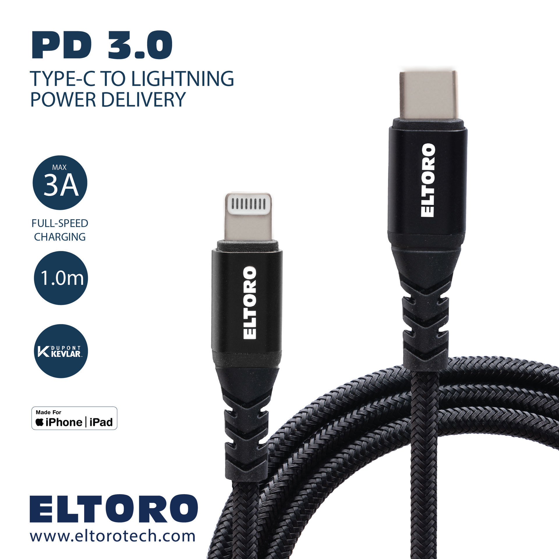 Eltoro Kevlar Cable USB-C to Lightning 1M with Nylon PP Yarn Jacket - Black