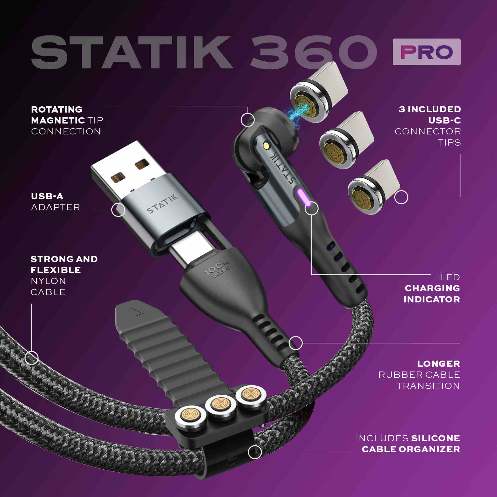 Statik 360 Pro 2.0 Magnetic Tip USB-C Cable 1.8m