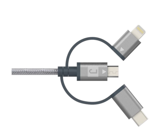 Juku Charge & Sync 3-in-1 Cable (Micro USB, Lightning & USB-C), 1.2M, 2.4A, Space Grey Braided