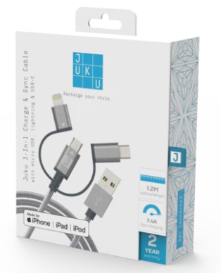 Juku Charge & Sync 3-in-1 Cable (Micro USB, Lightning & USB-C), 1.2M, 2.4A, Space Grey Braided