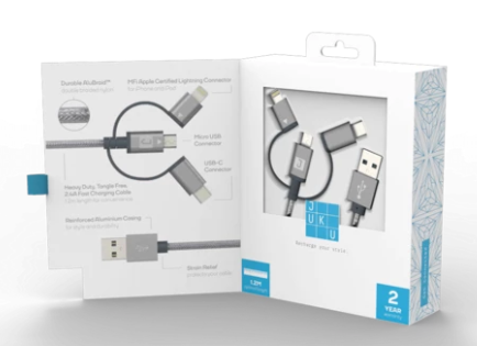 Juku Charge & Sync 3-in-1 Cable (Micro USB, Lightning & USB-C), 1.2M, 2.4A, Space Grey Braided