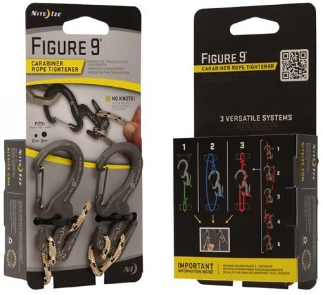 NiteIze Figure 9® Carabiner Rope Tightener - Small - 2 Pack with Rope - Black